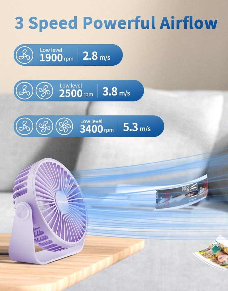 TriPole USB Desk Fan Portable Mini Fan Powerful 3 Speeds Wind Personal Desktop Fan with 360° Head Rotation for Home Office Car Indoor Outdoor Purple, No Battery, 4.5 Inches - Image 4